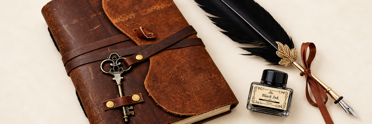 Ruskea nahkakantinen muistikirja koristeavaimella, musta sulkakynä ja mustepullo vaalealla taustalla. – Brown leather-bound notebook with a decorative key, black feather quill and ink bottle on a light background.