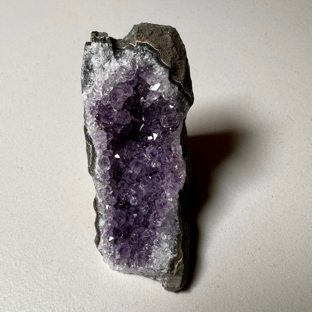 Ametistiklusterin pala edestä kuvattuna; violetit kiteet nousevat vihreänharmaalta peruskiveltä. - A piece of an amethyst cluster photographed from the front; purple crystals rising from a greenish-grey base rock.