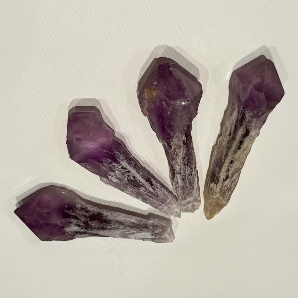 Ametistikidekärkiä erotettuna yksittäisiksi kärjiksi.