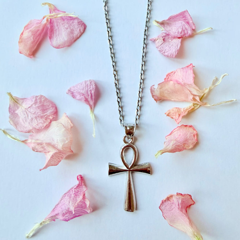 Ankh-kaulakoru hopeanvärisenä, muinaisegyptiläinen elämän symboli vaalean taustan ja kuivattujen kukkien kanssa - Silver Ankh necklace, ancient Egyptian symbol of life, styled with dried flower petals on a light background.