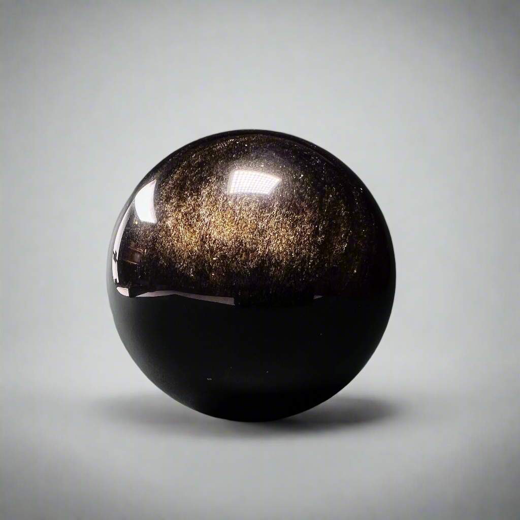 Kullanhohto-obsidiaanipallo, jossa kultainen hohde korostaa laavalasin ainutlaatuista pintaa. - Gold sheen obsidian sphere with a golden sheen highlighting the unique surface of the volcanic glass.