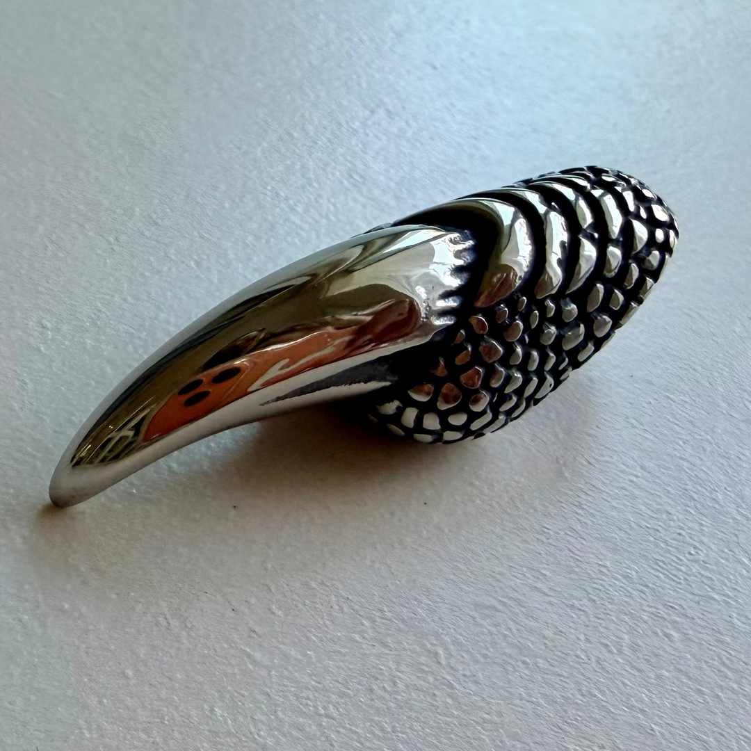 Hopeanvärinen ruostumattomasta teräksestä valmistettu kotkankynsi-amuletti, jossa on mustattuja yksityiskohtia.