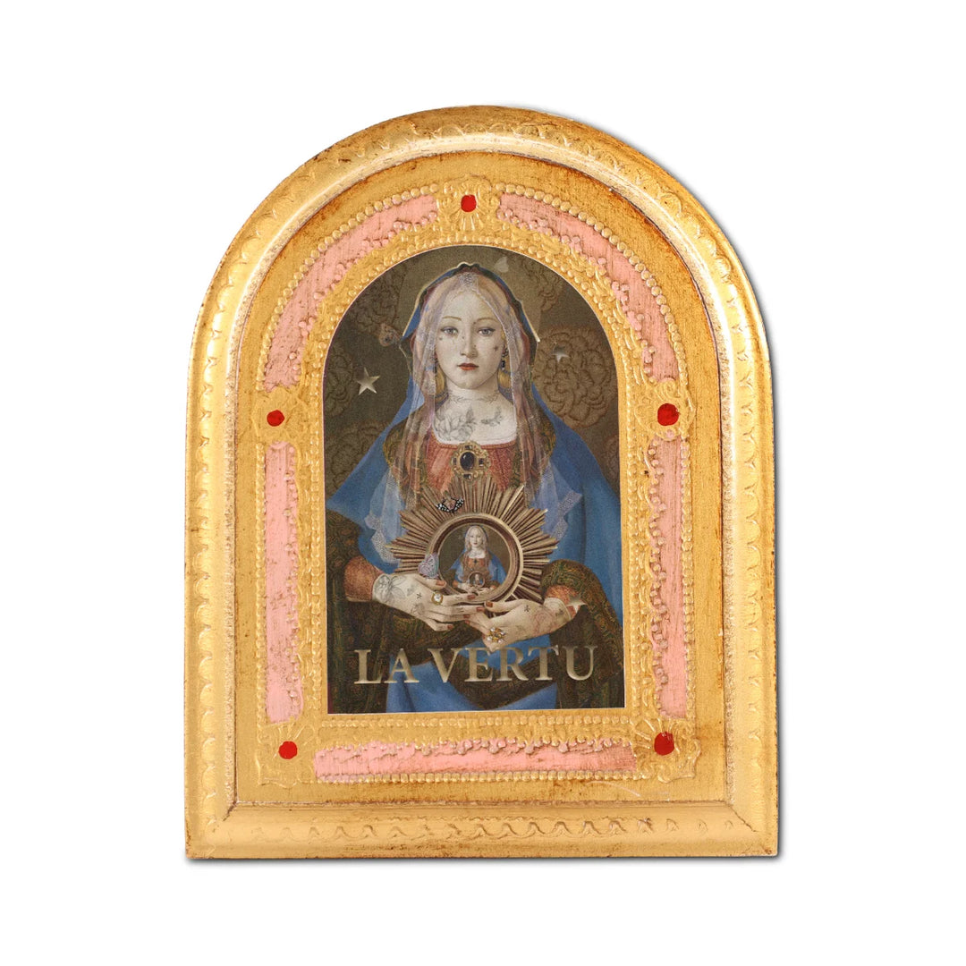 Puutaulu Voglio Beneltä, jossa kuva-aiheena Madonna Suprema, Botticellin maalauksesta.