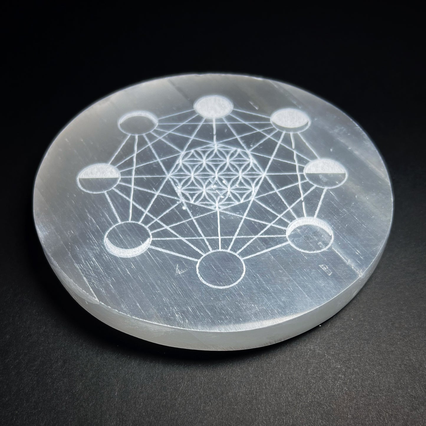 Selenite plate with Flower of Life and Moon Phase symbols