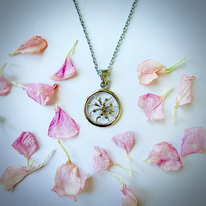 Yläviistosta otettu kuva hopeisesta Maman-hämähäkkikaulakorusta valkoisella taustalla. Siro hopeaketju ja pyöreä hämähäkkiriipus ovat aseteltu sydämen muotoon, jota ympäröivät vaaleanpunaiset kukan terälehdet. - A top-down photograph of a silver Maman spider necklace on a white background. The delicate silver chain and circular spider pendant are arranged in a heart shape, framed by delicate pink flower petals.