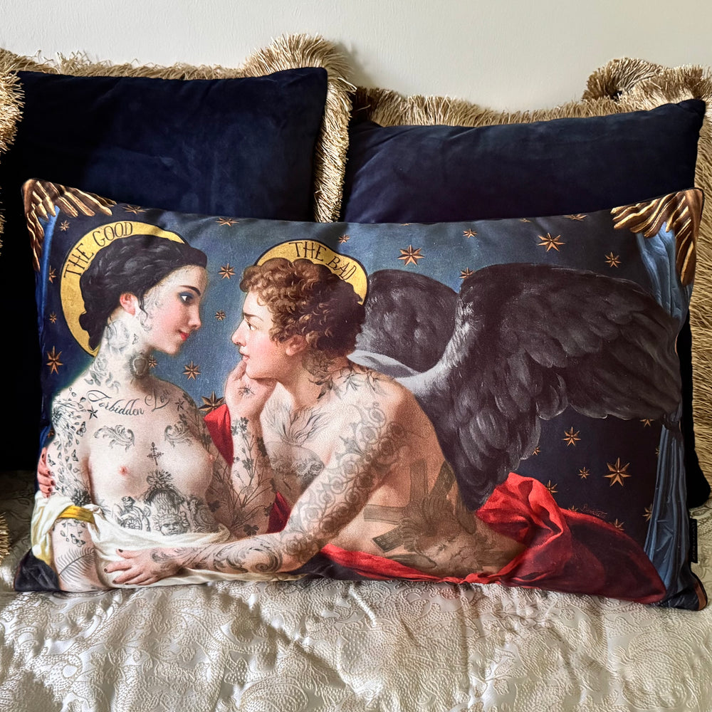 A pillow case by Voglio Bene, depicting the scene "One against being".