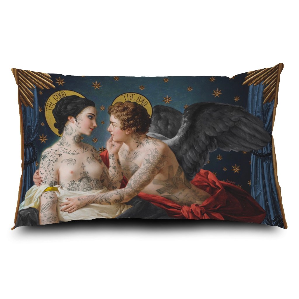 A front view of a pillow case by Voglio Bene, depicting the scene "One against being".