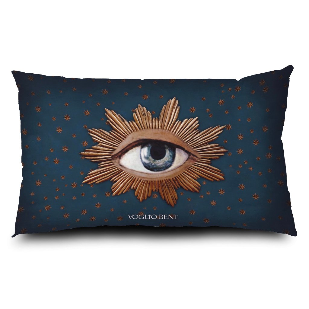 A back side view of a pillow case by Voglio Bene, depicting the scene "One against being".