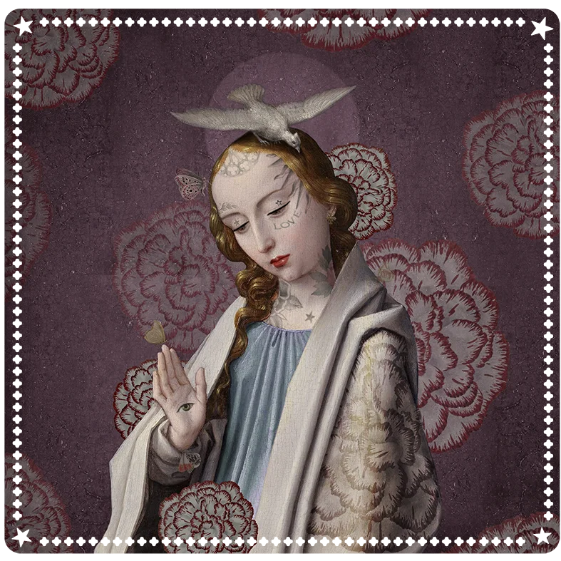 Faith-korttimatto (48x48 cm) huopamaisesta kankaasta, Gerard Davidin The Virgin Annunciate -kuvituksen inspiroima, tarkoitettu tarot- ja oraakkelikorttien tulkintaan. - Faith card mat (48x48 cm) made of felt-like fabric, inspired by Gerard David’s The Virgin Annunciate, for tarot and oracle readings.