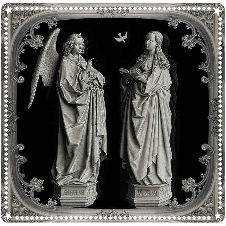 Annunciation-korttimatto (48 x 48 cm) huopamaisesta kankaasta, yksipuolinen täysväripainatus. Kuvitus Jan van Eyckin Annunciaatio-diptyykistä, esittää Gabrielin ilmestymisen Marialle. Luo pyhitetyn tilan tarot- ja oraakkelikorttien käyttöön. - 
Annunciation card mat (48 x 48 cm) in felt-like fabric with a full-color print. Illustration inspired by Jan van Eyck’s Annunciation diptych, depicting Gabriel appearing to Mary. Creates a sacred space for tarot and oracle readings.