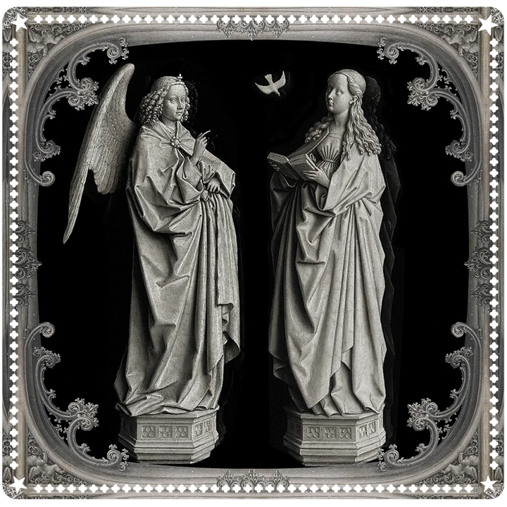 Annunciation-korttimatto (48 x 48 cm) huopamaisesta kankaasta, yksipuolinen täysväripainatus. Kuvitus Jan van Eyckin Annunciaatio-diptyykistä, esittää Gabrielin ilmestymisen Marialle. Luo pyhitetyn tilan tarot- ja oraakkelikorttien käyttöön. - 
Annunciation card mat (48 x 48 cm) in felt-like fabric with a full-color print. Illustration inspired by Jan van Eyck’s Annunciation diptych, depicting Gabriel appearing to Mary. Creates a sacred space for tarot and oracle readings.