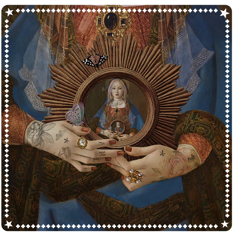Madonna Suprema -korttimatto (48x48 cm) huopamaisesta kankaasta, Botticellin The Virgin and Child with Saint John and an Angel -teoksen inspiroima, tarkoitettu tarot- ja oraakkelikorttien tulkintaan ja alttarialustaksi. - Madonna Suprema card mat (48x48 cm) made of felt-like fabric, inspired by Botticelli’s The Virgin and Child with Saint John and an Angel, for tarot and oracle readings or as an altar mat.