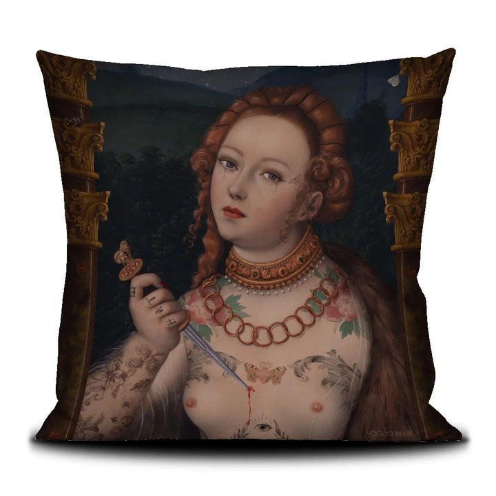 Voglio Bene Lucretia -tyynyn takanäkymä. Kuvassa tatuoitu nainen pistää itseään veitsellä rintaan lähikuvassa.
Back view of a Voglio Bene Lucretia cushion. The illustration shows a cropped scene of the tattooed woman stabbing herself in the chest.