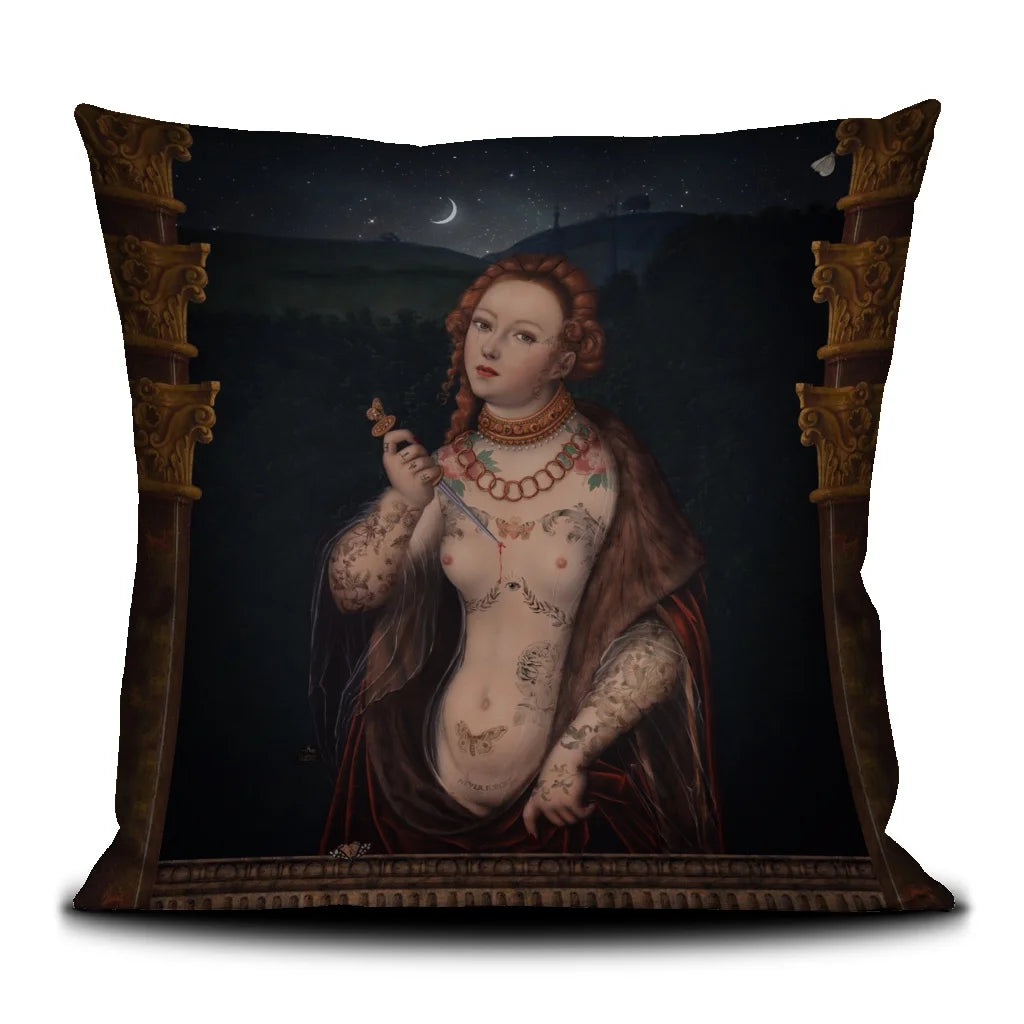 Voglio Bene Lucretia -tyynyn etunäkymä. Kuvassa tatuoitu nainen pistää itseään veitsellä rintaan, taustalla kuutamo ja kirkko sekä pilarireunukset.
Front view of a Voglio Bene Lucretia cushion. The illustration shows a tattooed woman stabbing herself in the chest, with a moonlit church in the background and pillars framing the scene.