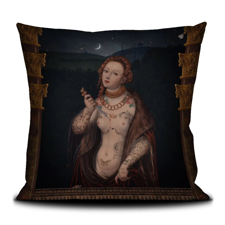 Voglio Bene Lucretia -tyynyn etunäkymä. Kuvassa tatuoitu nainen pistää itseään veitsellä rintaan, taustalla kuutamo ja kirkko sekä pilarireunukset.
Front view of a Voglio Bene Lucretia cushion. The illustration shows a tattooed woman stabbing herself in the chest, with a moonlit church in the background and pillars framing the scene.