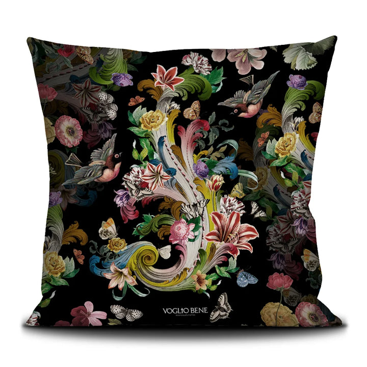 Voglio Bene Rock Flowers -tote bag takanäkymä, jossa sama kuvio jatkuu suurempana lintujen kanssa.
Back view of a Voglio Bene Rock Flowers tote bag, showing a bigger continuation of the pattern with birds.