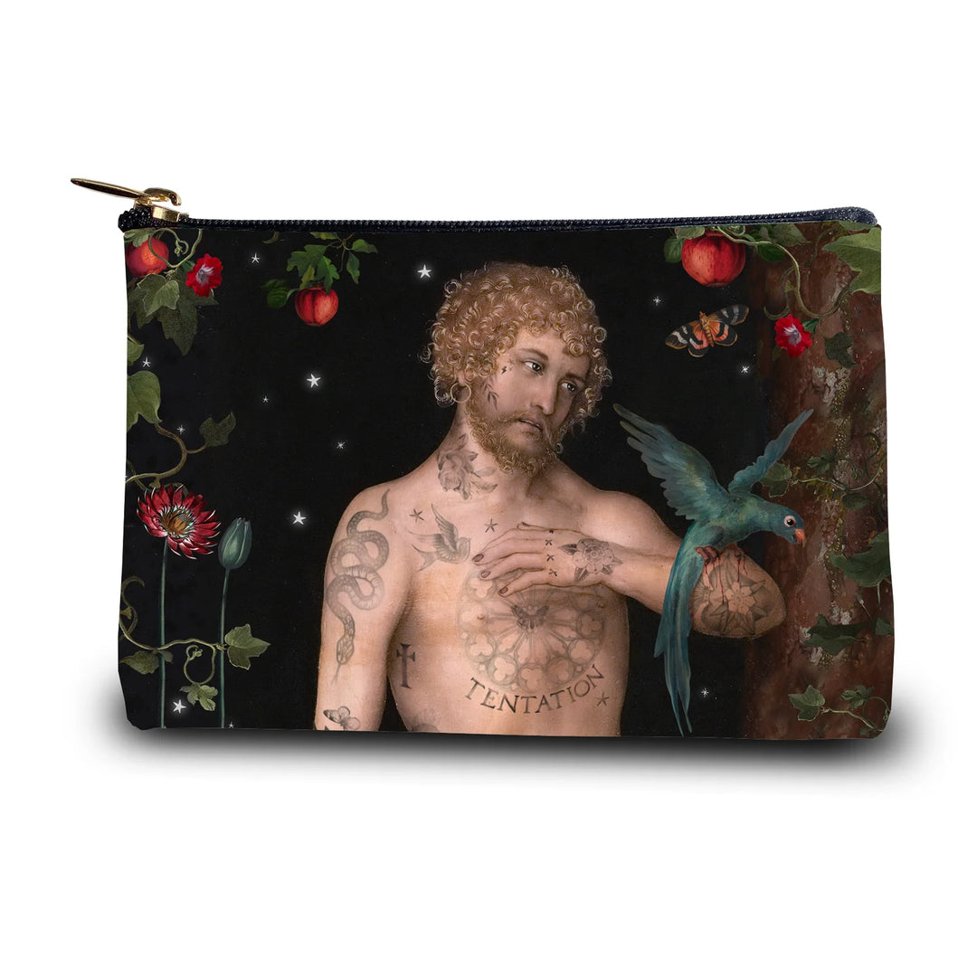 Voglio Bene Adam and Eve -kukkaron etunäkymä, jossa Adam-kuvitus näkyy selkeästi samettipinnalla.
Front view of a Voglio Bene Adam and Eve purse, showing the Adam artwork clearly on the velvet surface.