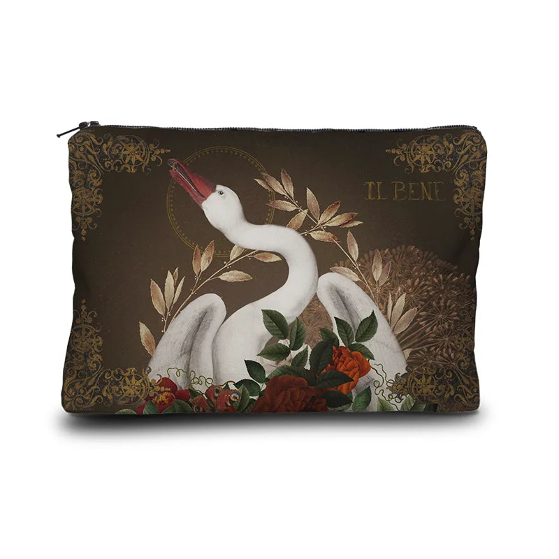 Voglio Bene -kukkaron, etupuoli, kuvassa valkea joutsen, symboloi puhtautta ja hengellistä kirkautta. - Voglio Bene purse, front view, featuring a white swan, symbolising purity and spiritual clarity.