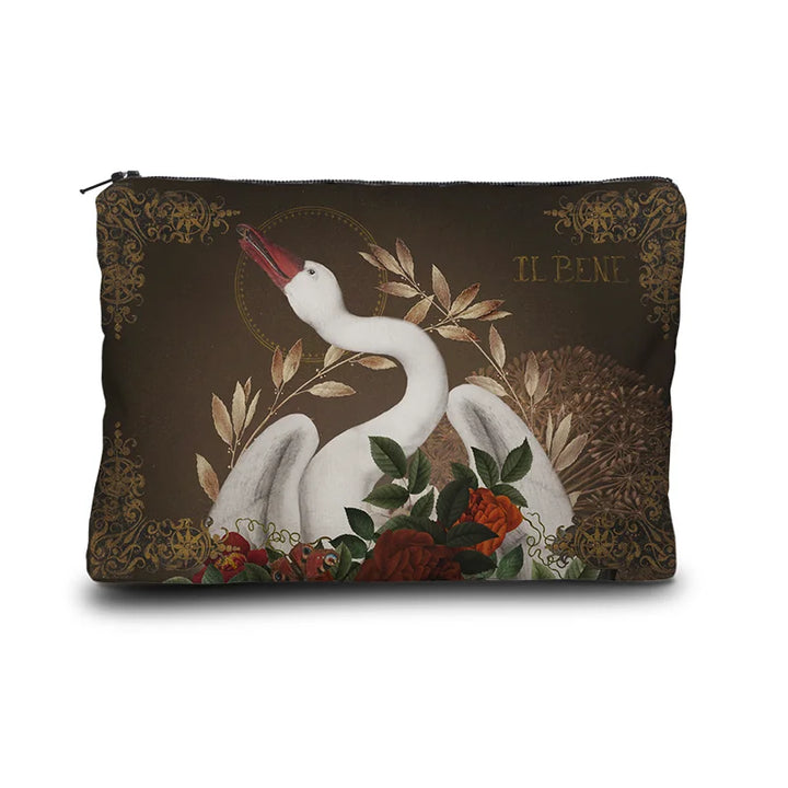 Voglio Bene -kukkaron, etupuoli, kuvassa valkea joutsen, symboloi puhtautta ja hengellistä kirkautta. - Voglio Bene purse, front view, featuring a white swan, symbolising purity and spiritual clarity.