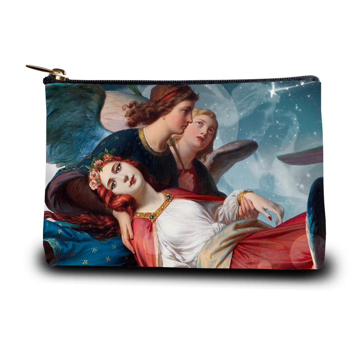 Kuvassa Voglio Bene kukkaron etupuoli Saint Catherine -kuvituksella, jossa näkyy lähikuva enkelien kantaman naisen kasvoista.
In the image, the front side of a Voglio Bene velvet purse with the Saint Catherine illustration, showing a close-up of the woman’s face carried by the angels.