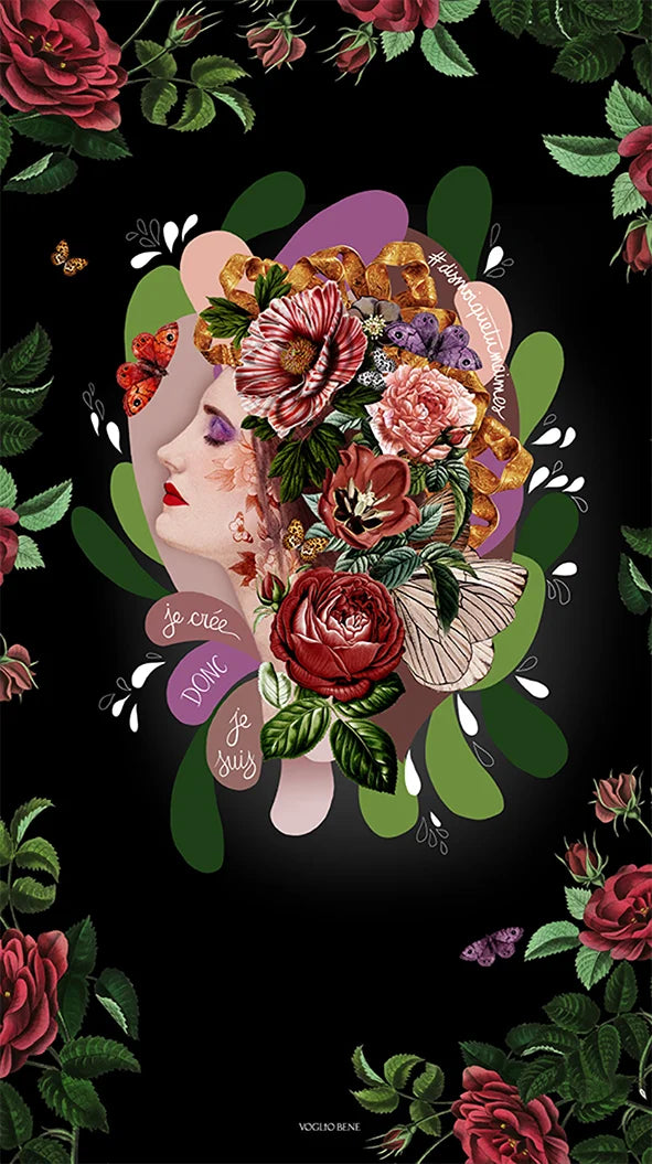 Voglio Bene “I Think” -tote bag etunäkymä, jossa naisen sivuprofiilikuva ja kukkia.
Voglio Bene “I Think” -tapestry, featuring a decorated female side profile.