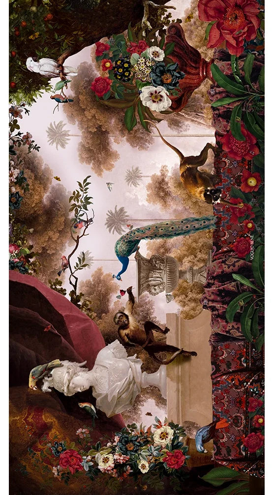 Voglio Bene Oriental Garden -seinävaate, jossa puutarhakuvaus riikinkukolla ja koristeellisella kasvillisuudella.
Voglio Bene Oriental Garden-tapestry, showing a garden scene with a peacock and ornamental foliage.