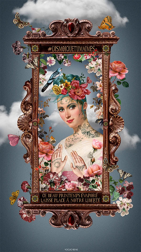 Voglio Bene Spring -seinävaate, jossa sinihiuksinen tatuoitu nainen on kuvattu lintu ja kukkia hiuksissaan.
Voglio Bene Spring tapestry, showing a blue-haired tattooed woman with a bird and flowers in her hair.