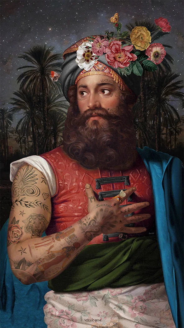 Voglio Bene The Great Belzoni -seinävaate, jossa tatuoitu arabialainen mies on kuvattu yömaisemassa palmujen ja tähtitaivaan reunustamana.
Voglio Bene The Great Belzoni tapestry, showing a tattooed Arab man in a night scene framed by palm trees and a starry sky.