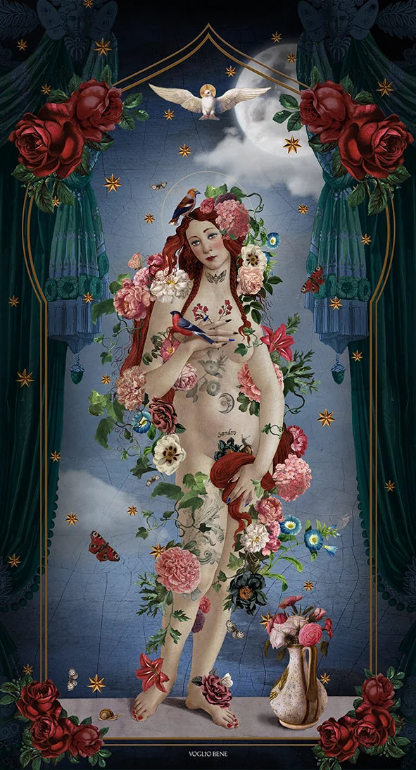 Kuvassa Voglio Bene seinävaate Venus Gypsy -kuvituksella, jossa kyyhkynen laskeutuu naisen ja kukkien päälle kuun hohtaessa taustalla.
Voglio Benewall tapestry with the Venus Gypsy illustration, showing a dove landing on a woman and flowers with the moon glowing in the background. 