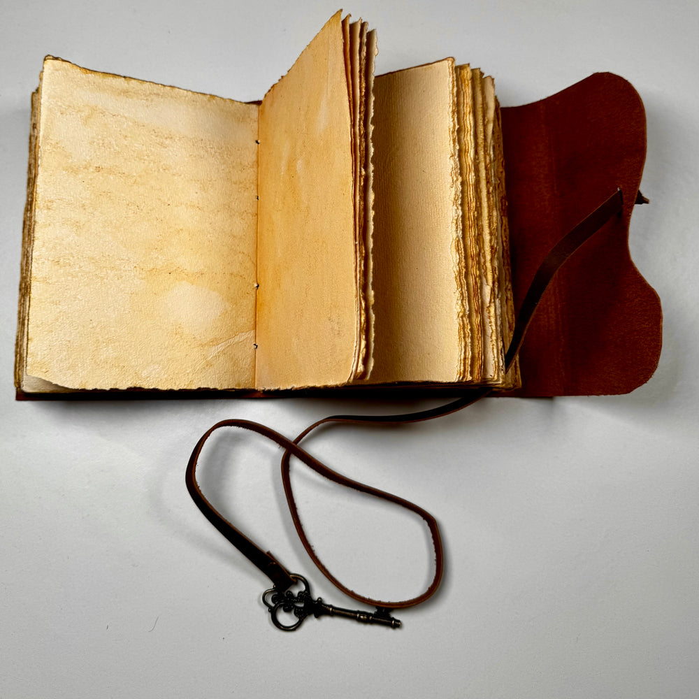 Käsintehty nahkainen muistikirja avattuna – näkyvissä sivuaukeama ja käsintehdyn paperin rustiikkinen tekstuuri. - Handcrafted leather notebook opened – showing a double page spread with the rustic texture of handmade paper.