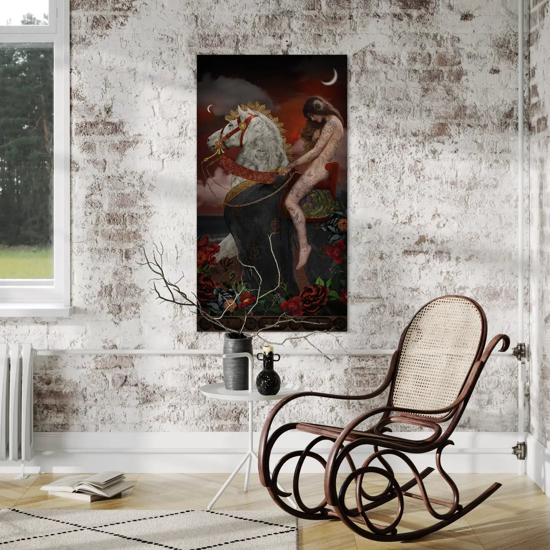 Kuva 2 (seinävaate ripustettuna seinälle):

Ripustettu Voglio Benen samettinen seinävaate, elegantti yksityiskohta sisustukseen - Hung Voglio Bene velvet wall tapestry, an elegant interior detail.