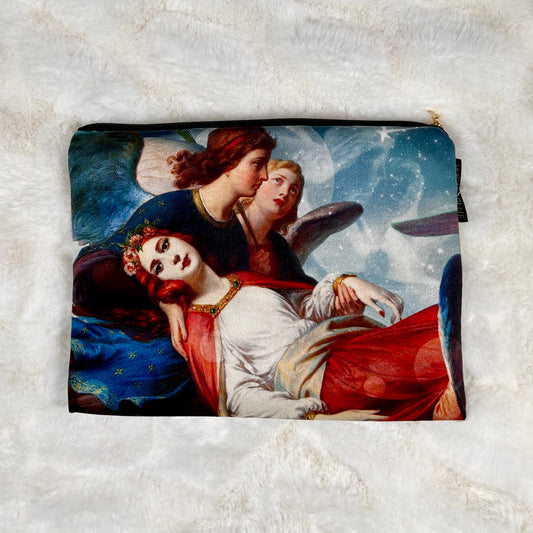 Voglio Benen Saint Catherine -samettipussukka, jossa enkeliaiheinen painatus. -  Voglio Bene's Saint Catherine velvet pouch, with heavenly angelic artwork.