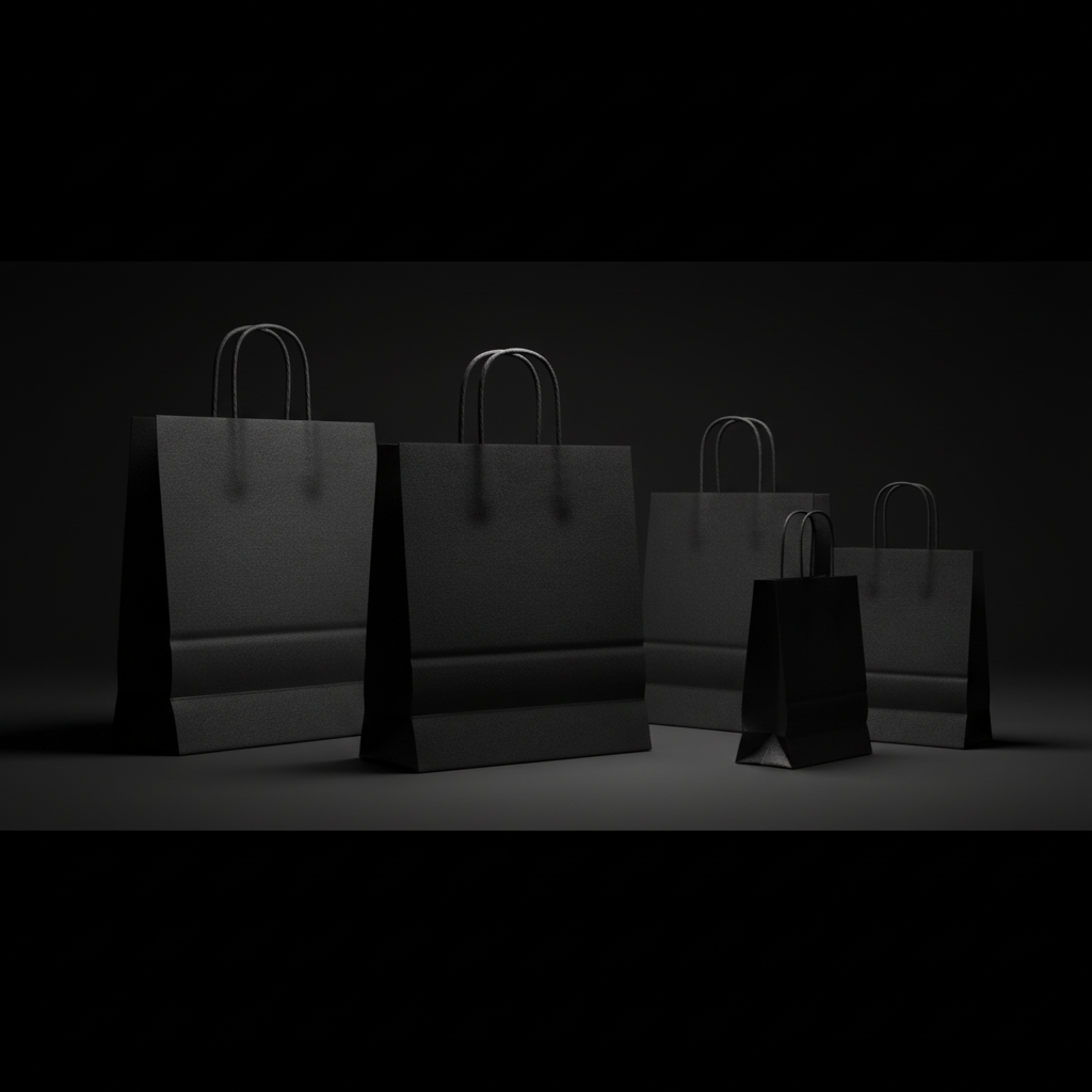 create this image again, but have 5 bags in total. Have each of them in different size. Make one of them face forward. Others in different positions. Make this image also wider, so that it fulfills the whole banner widhts