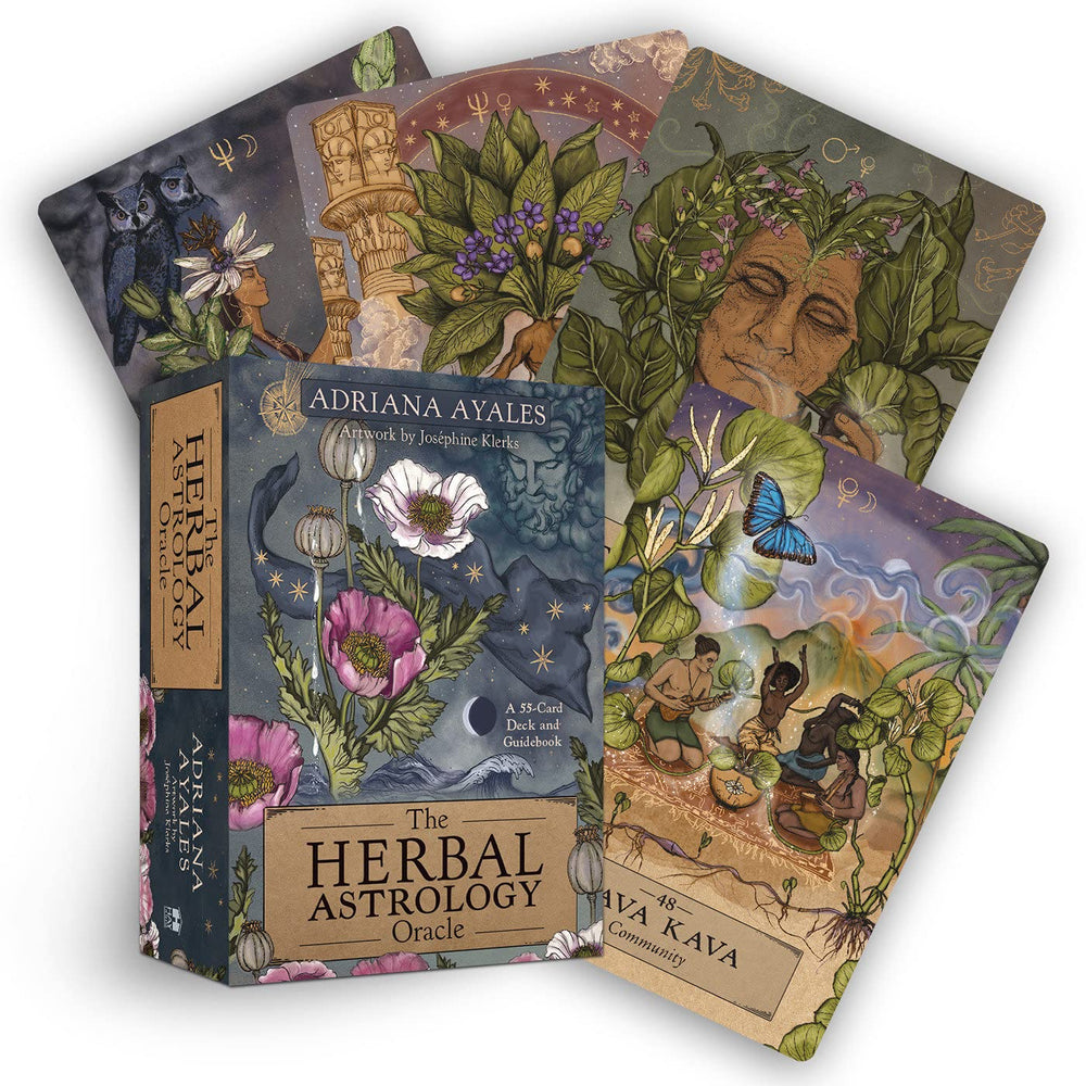 The Herbal Astrology Oracle -pakka ja rasia sekä esimerkkejä kasviaiheisista korteista.