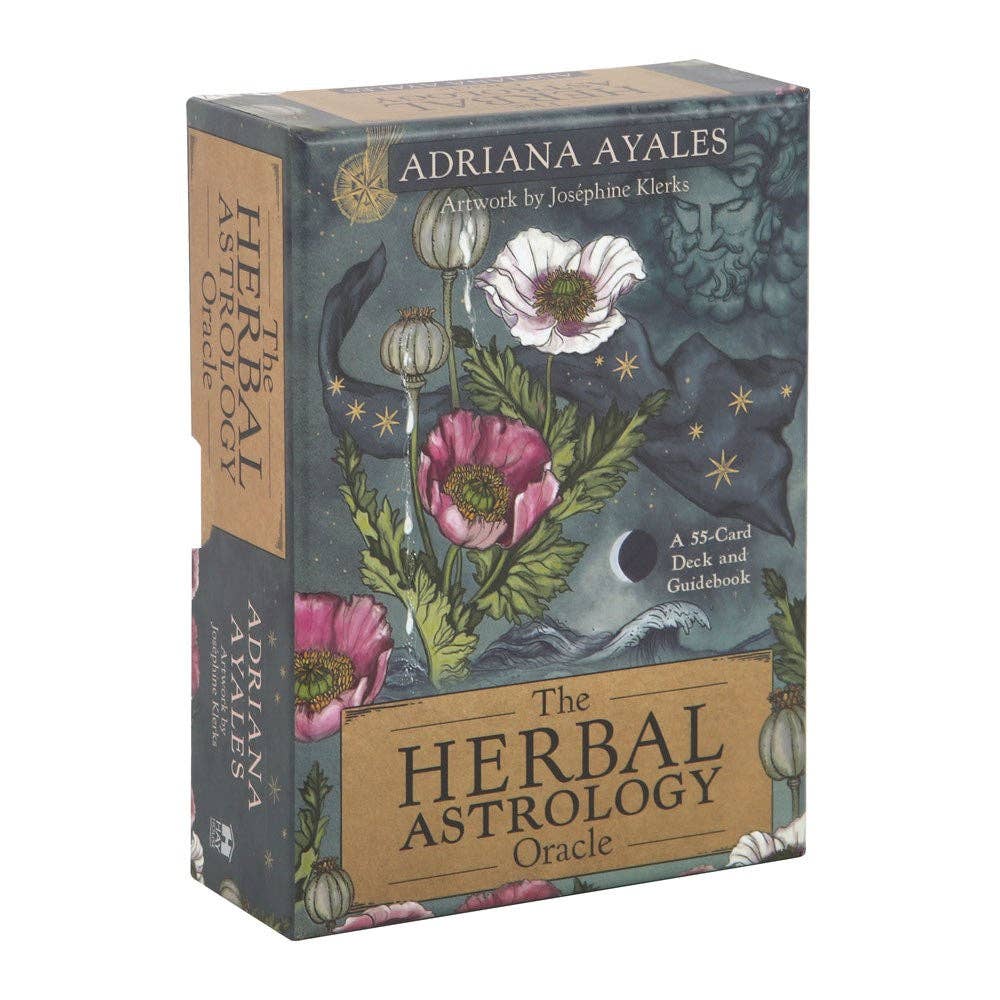 The Herbal Astrology Oracle -oraakkelikorttipakan rasia, jossa unikoita ja astrologisia symboleja.