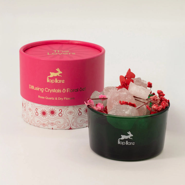 Hop Hare The Lovers tarot crystal diffuser and its pink packaging against a light background.