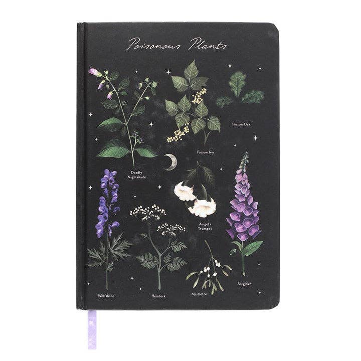 Poisonous Plants A5 -muistikirjan musta kansi, jossa kasvikuvituksia, englanninkielisiä nimiä ja violetti nauhakirjanmerkki.
