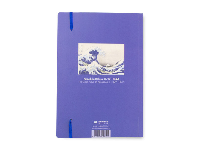 Hokusain Suuri aalto -muistikirjan sinisävyinen takakansi, pieni teoskuva ja taiteilijan nimi. – Blue-toned back cover of the Hokusai Great Wave notebook with a small reproduction and the artist’s name.