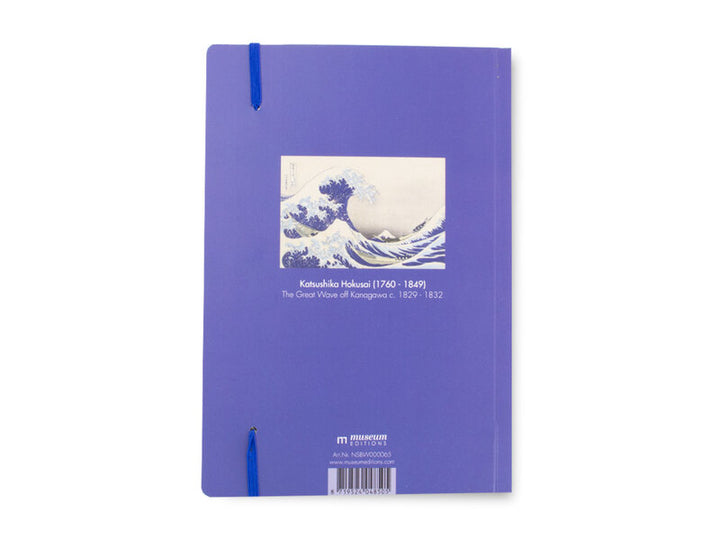 Hokusain Suuri aalto -muistikirjan sinisävyinen takakansi, pieni teoskuva ja taiteilijan nimi. – Blue-toned back cover of the Hokusai Great Wave notebook with a small reproduction and the artist’s name.