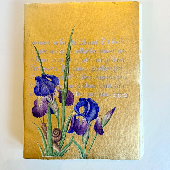 Kultapohjainen muistikirja, jonka kannessa on sinivioletteja iiriksiä, kotilo ja käsikirjoitustekstiä. / Gold-background notebook with blue and violet irises, a snail and manuscript lettering.