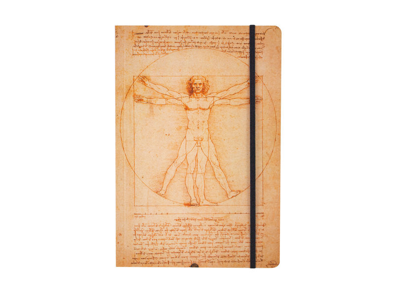 Vitruviuksen mies -muistikirjan etukansi, Leonardo da Vincin piirros ja musta kuminauha. – Front cover of the Vitruvian Man notebook featuring Leonardo da Vinci’s drawing and a black elastic closure.