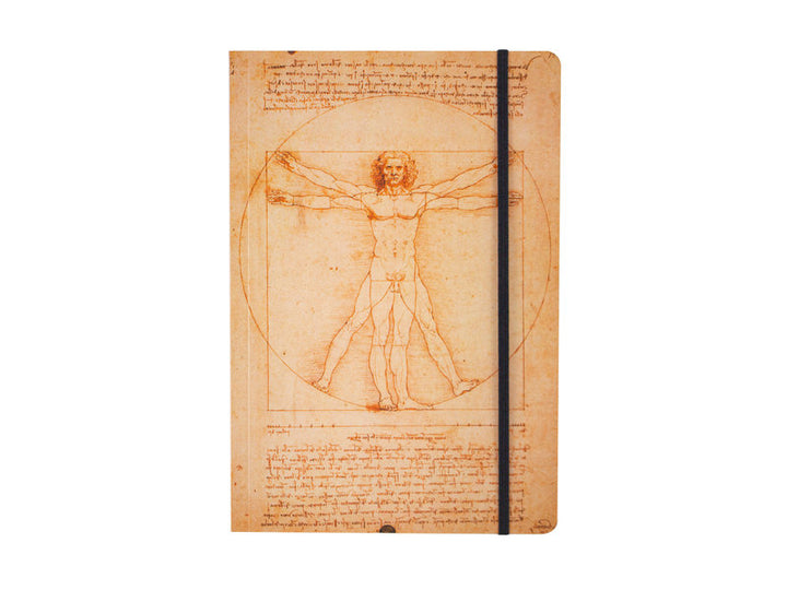 Vitruviuksen mies -muistikirjan etukansi, Leonardo da Vincin piirros ja musta kuminauha. – Front cover of the Vitruvian Man notebook featuring Leonardo da Vinci’s drawing and a black elastic closure.