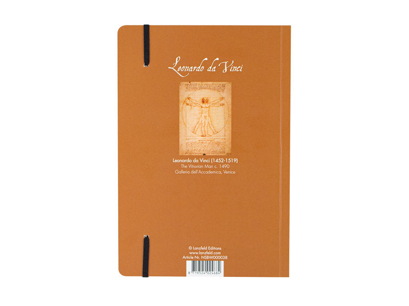 Vitruviuksen mies -muistikirjan ruskeansävyinen takakansi, pieni teoskuva ja Leonardo da Vincin nimi. – Brown-toned back cover of the Vitruvian Man notebook with a small reproduction and Leonardo da Vinci’s name.
