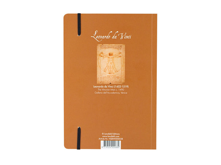 Vitruviuksen mies -muistikirjan ruskeansävyinen takakansi, pieni teoskuva ja Leonardo da Vincin nimi. – Brown-toned back cover of the Vitruvian Man notebook with a small reproduction and Leonardo da Vinci’s name.