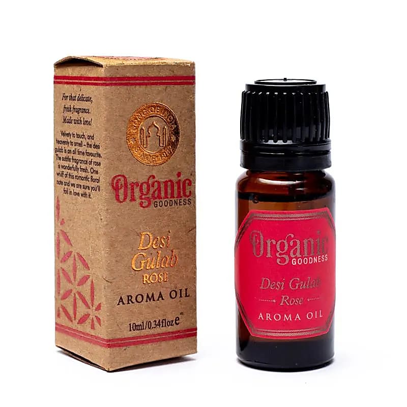Organic Goodness Desi Gulab Rose fragrance oil in a brown 10 ml glass bottle with brown cardboard packaging.
