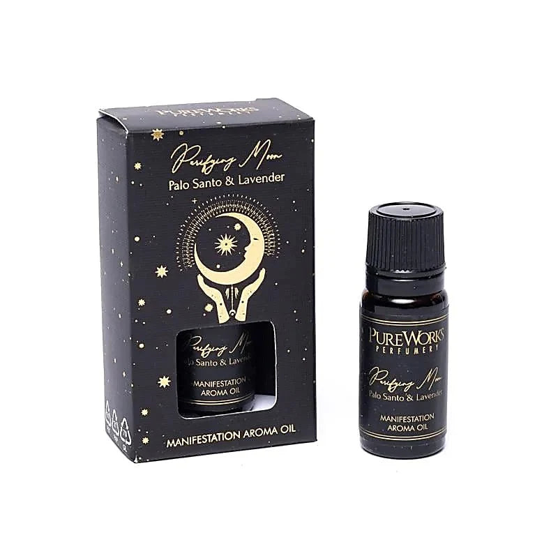 Purifying Moon Palo Santo & Lavender -tuoksuöljy mustassa 10 ml pullossa ja kuunsirppikuvioidussa pakkauksessa.