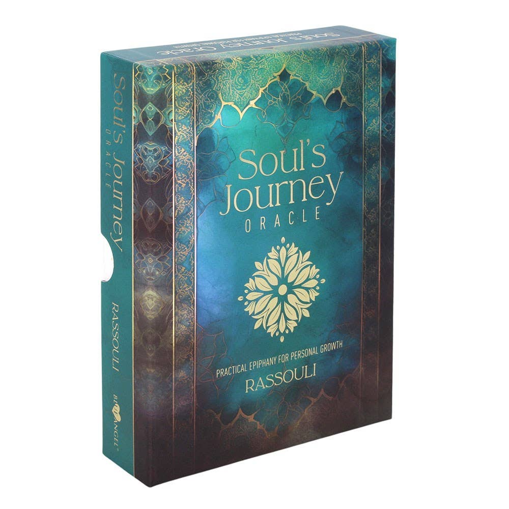 Soul’s Journey Oracle -oraakkelikorttipakan turkoosi rasia kultaisilla kuvioilla.