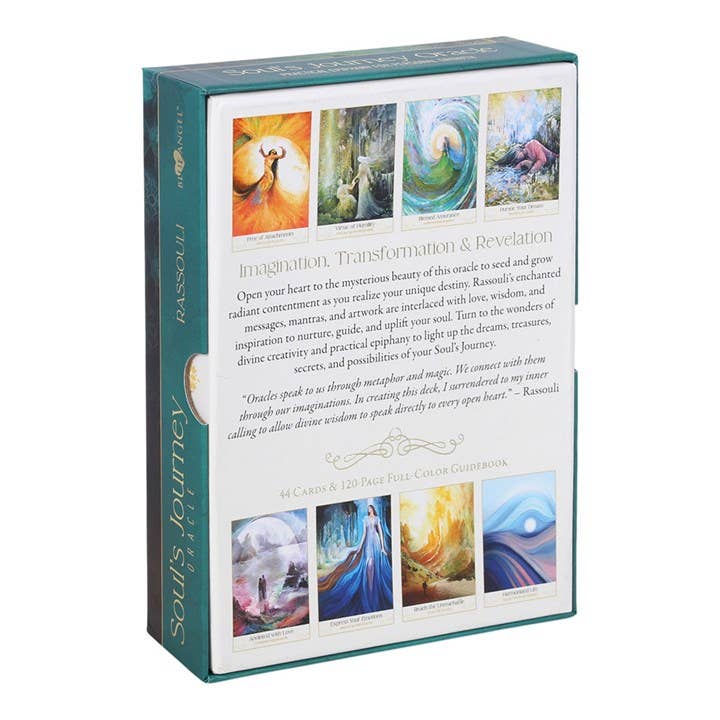 Soul’s Journey Oracle -rasian tausta, jossa näkyy esimerkkejä Rassoulin kuvittamista korteista.