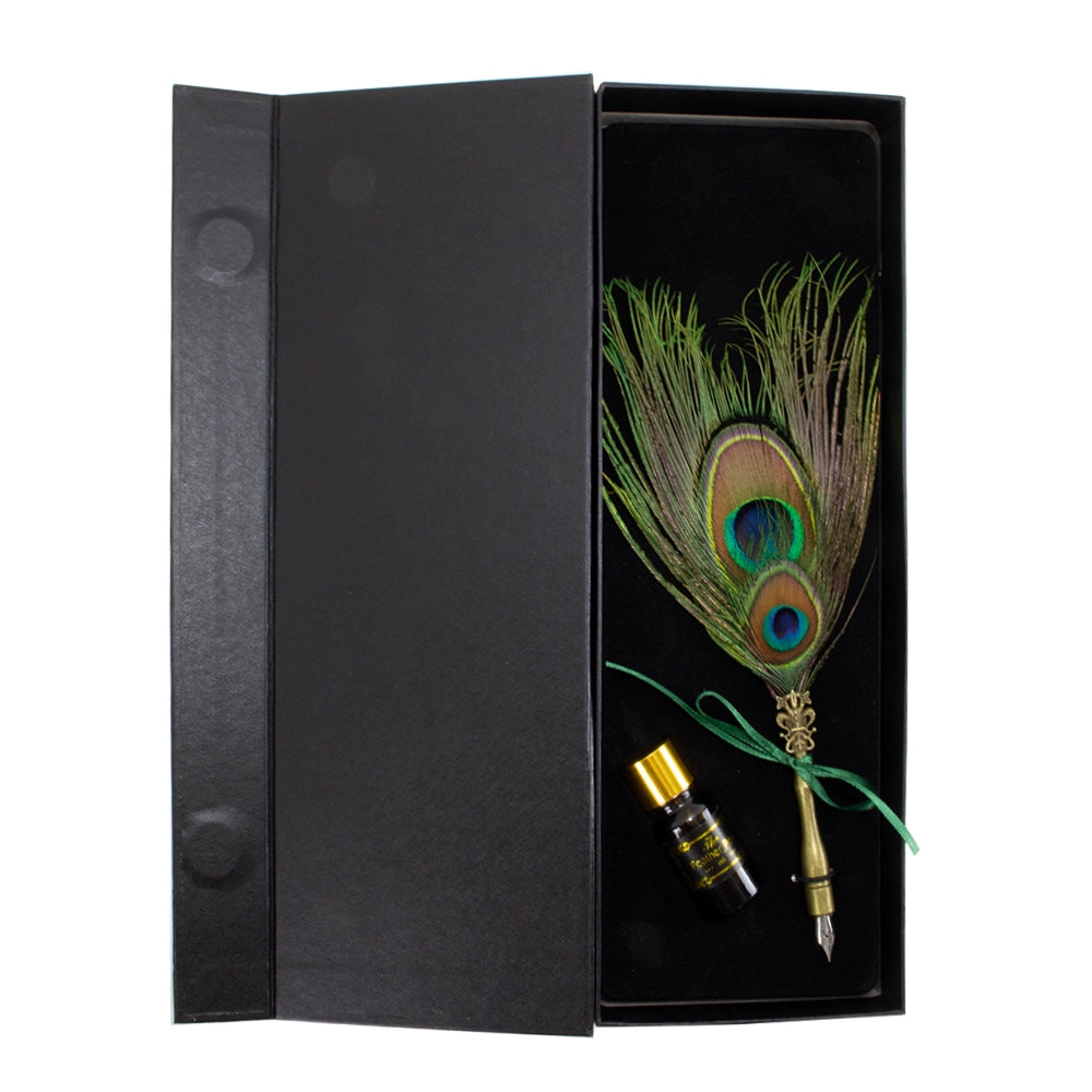 Black peacock quill pen gift box opened with its hinged lid folded to the side.