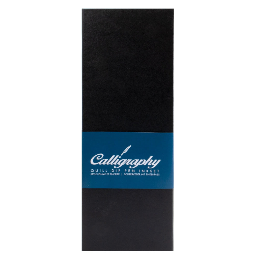 Closed black peacock quill pen gift box with a blue Calligraphy sleeve.